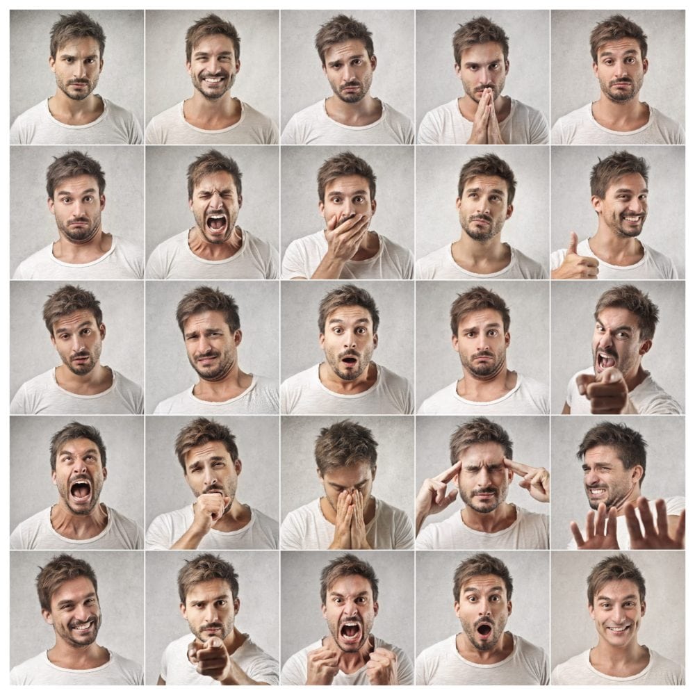 mosaic of man in white t-shirt with lots of different facial expressions